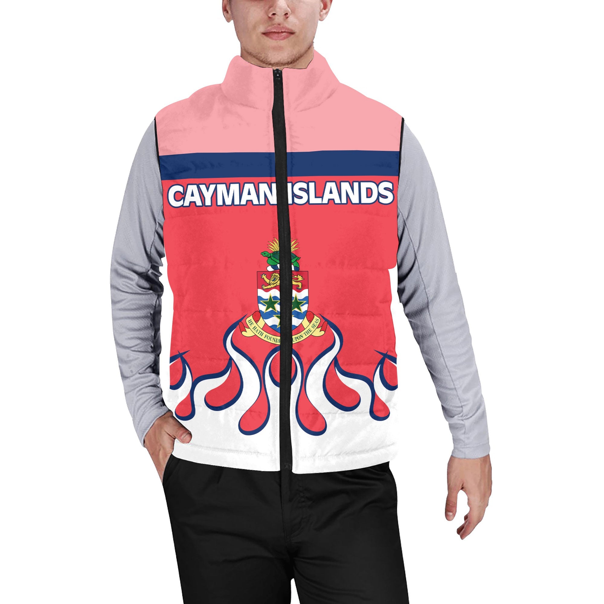 Cayman Islands Men Padded Jacket Vest Flag & Coat Of Arms Fire Hockey Style