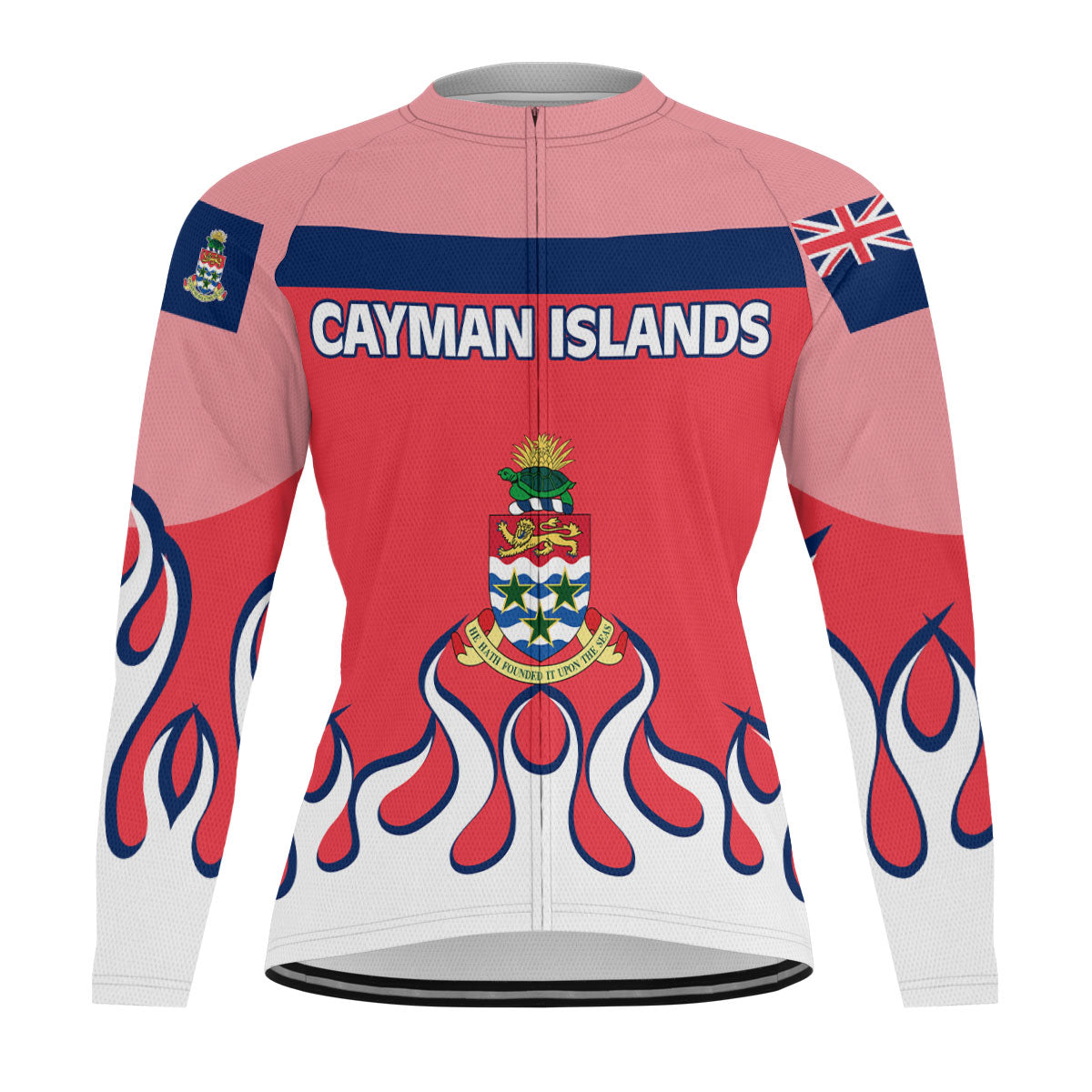 Cayman Islands Men's Cycling Jersey Long Sleeve Flag & Coat Of Arms Fire Hockey Style