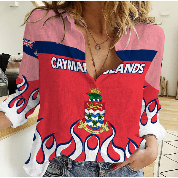 Cayman Islands Women Casual Shirt Flag & Coat Of Arms Fire Hockey Style