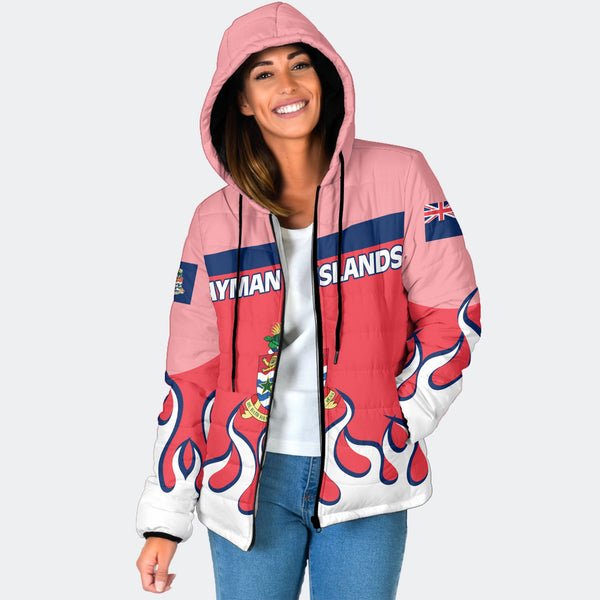 Cayman Islands Women Hooded Padded Jacket Flag & Coat Of Arms Fire Hockey Style