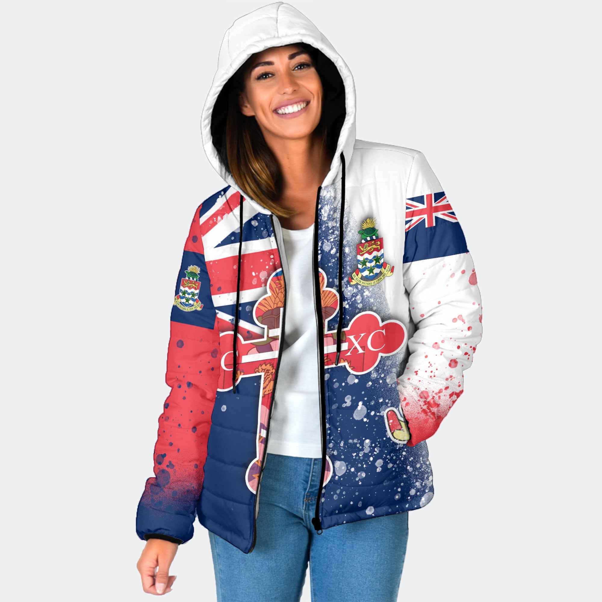 Cayman Islands Women Hooded Padded Jacket Flag & Coat Of Arms Orthodox Style