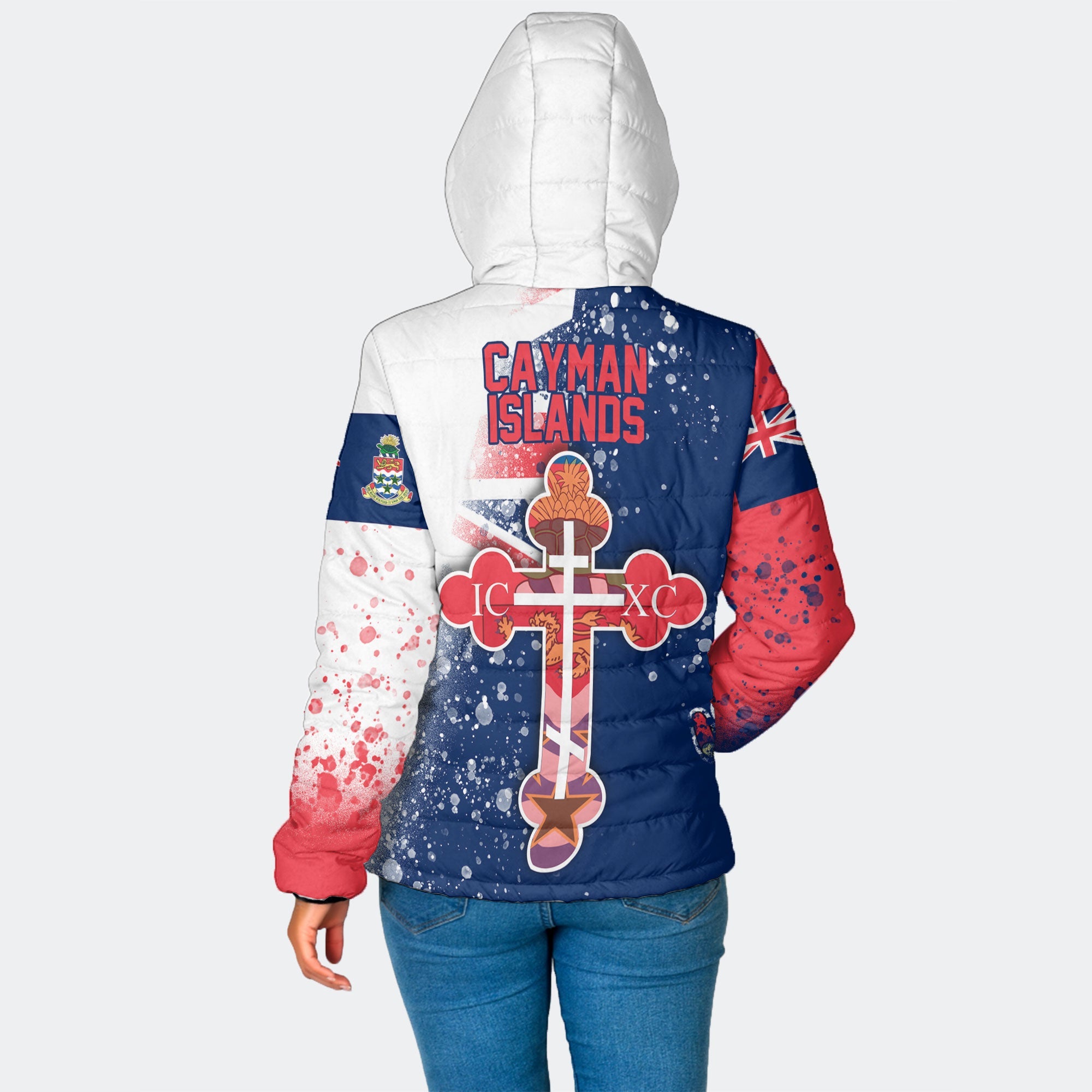 Cayman Islands Women Hooded Padded Jacket Flag & Coat Of Arms Orthodox Style