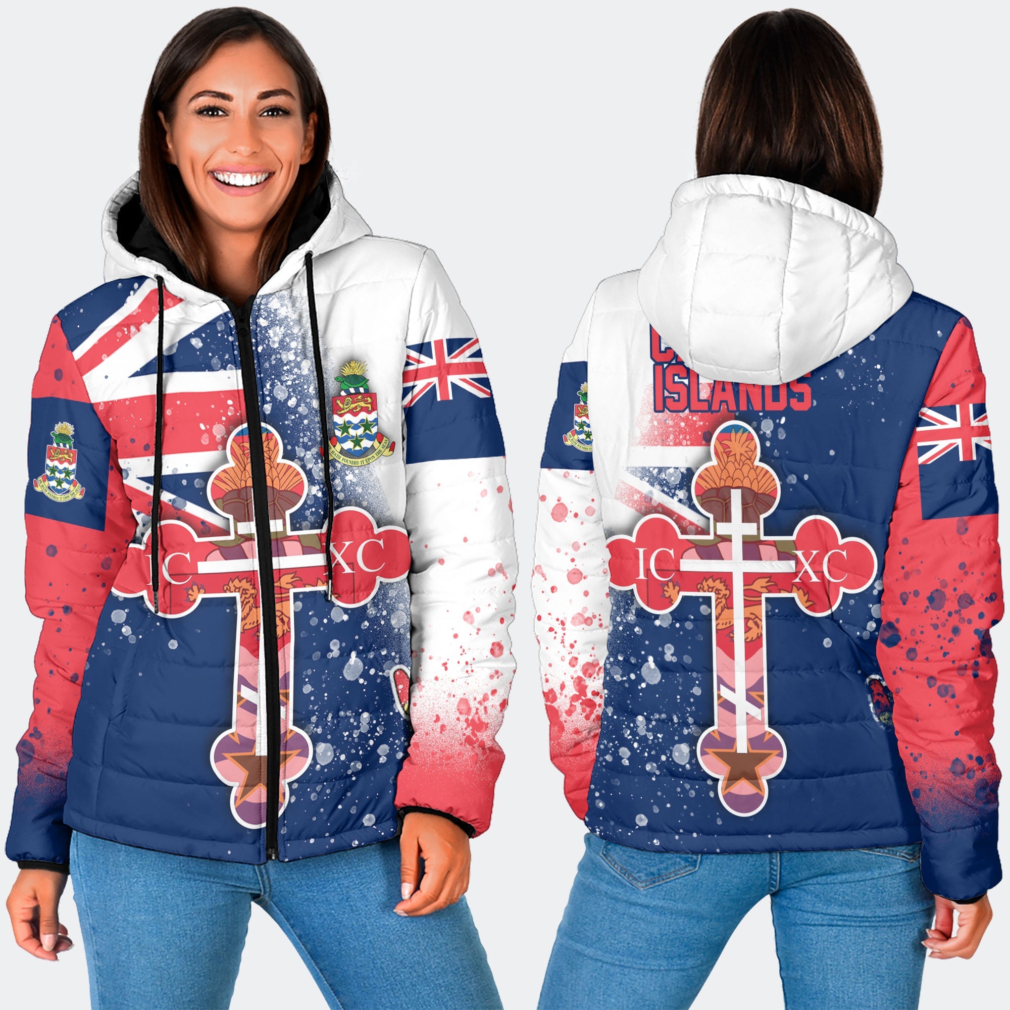 Cayman Islands Women Hooded Padded Jacket Flag & Coat Of Arms Orthodox Style