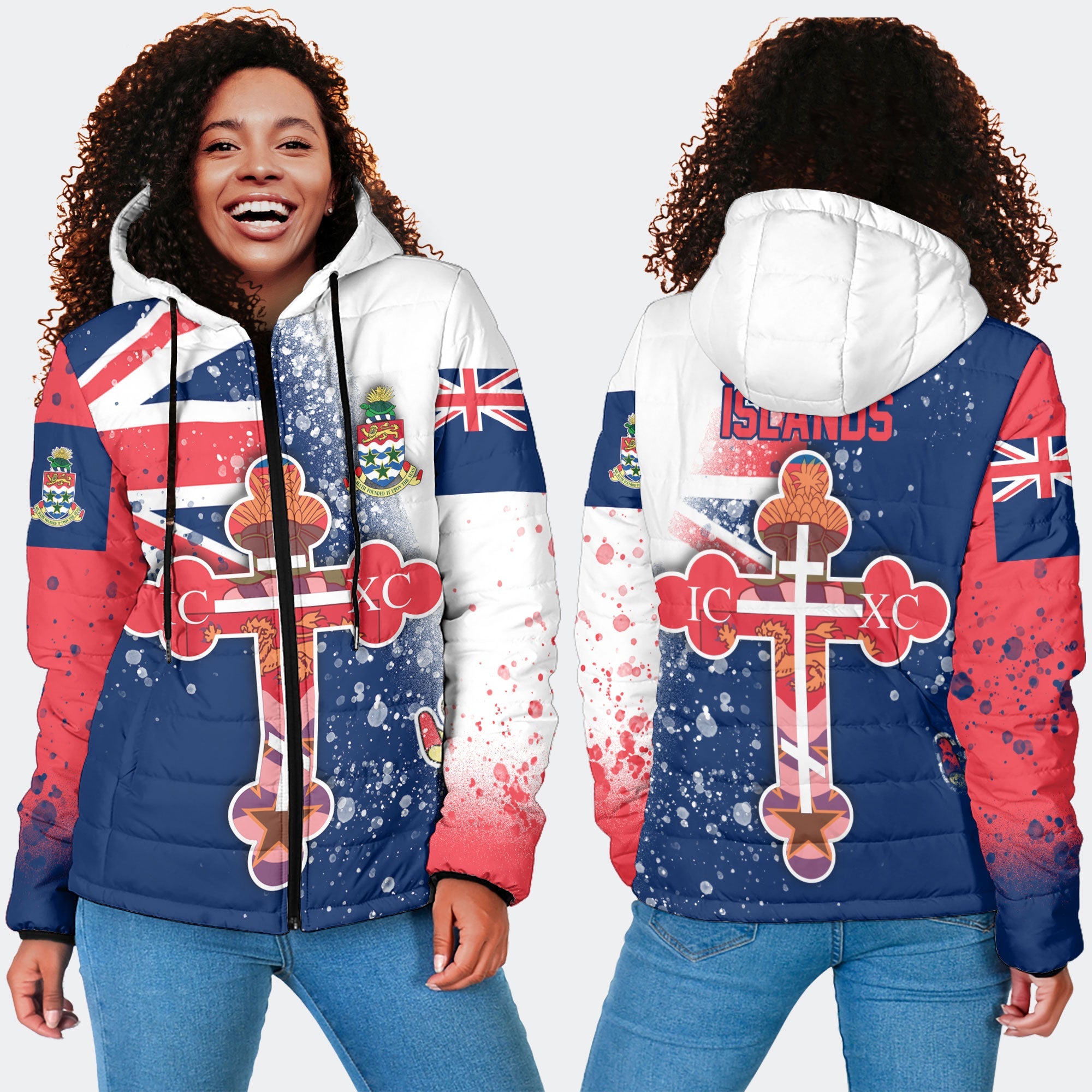 Cayman Islands Women Hooded Padded Jacket Flag & Coat Of Arms Orthodox Style