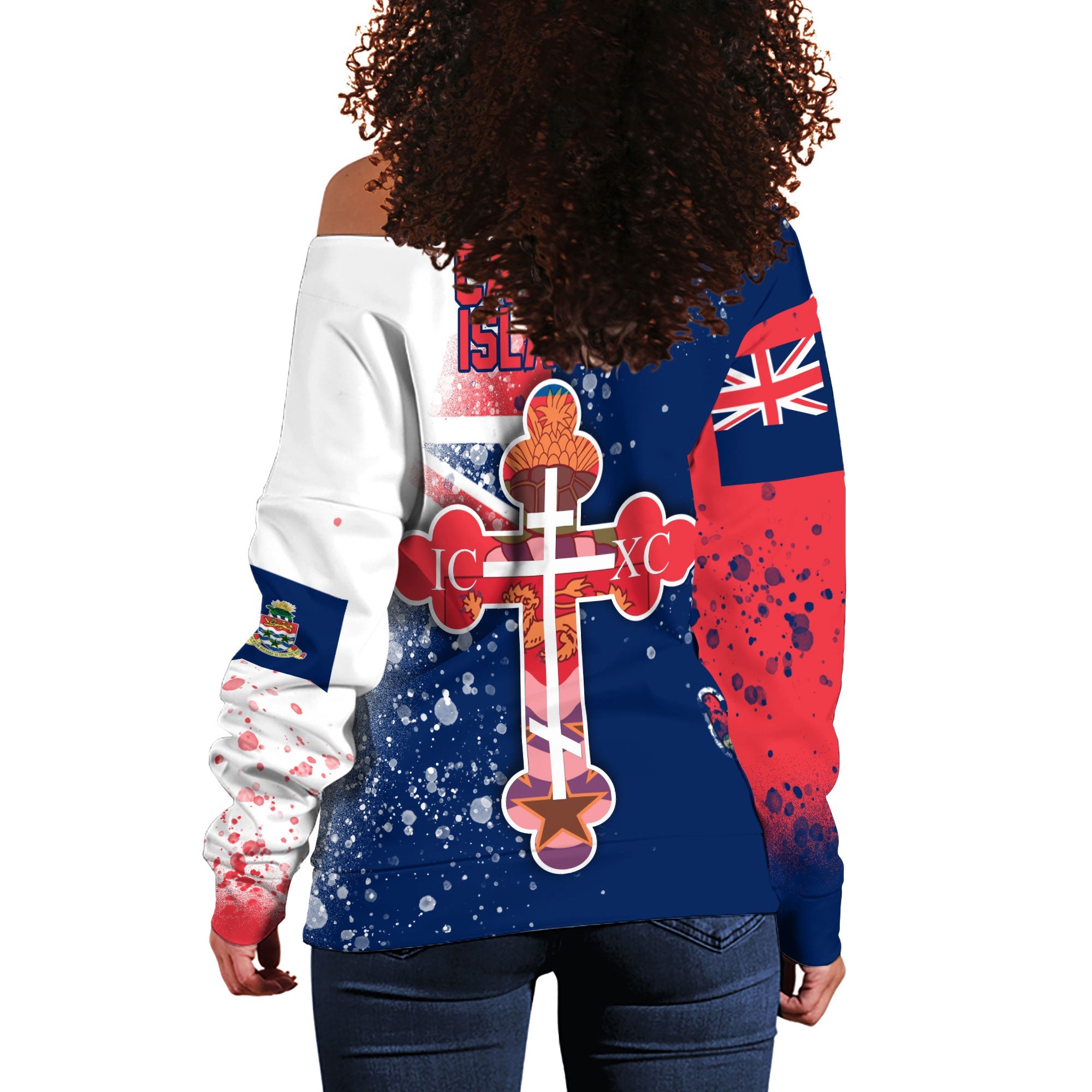 Cayman Islands Women Off Shoulder Sweatshirt Flag & Coat Of Arms Orthodox Style