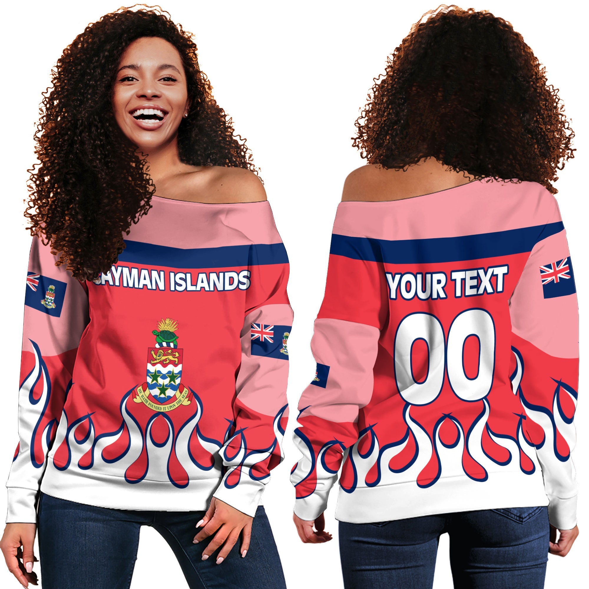 Cayman Islands Women Off Shoulder Sweatshirt Flag & Coat Of Arms Fire Hockey Style