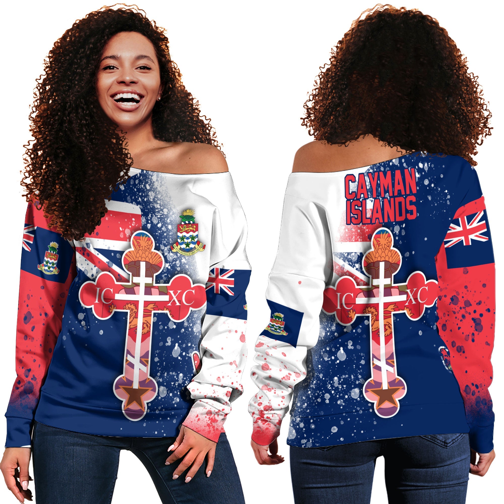 Cayman Islands Women Off Shoulder Sweatshirt Flag & Coat Of Arms Orthodox Style