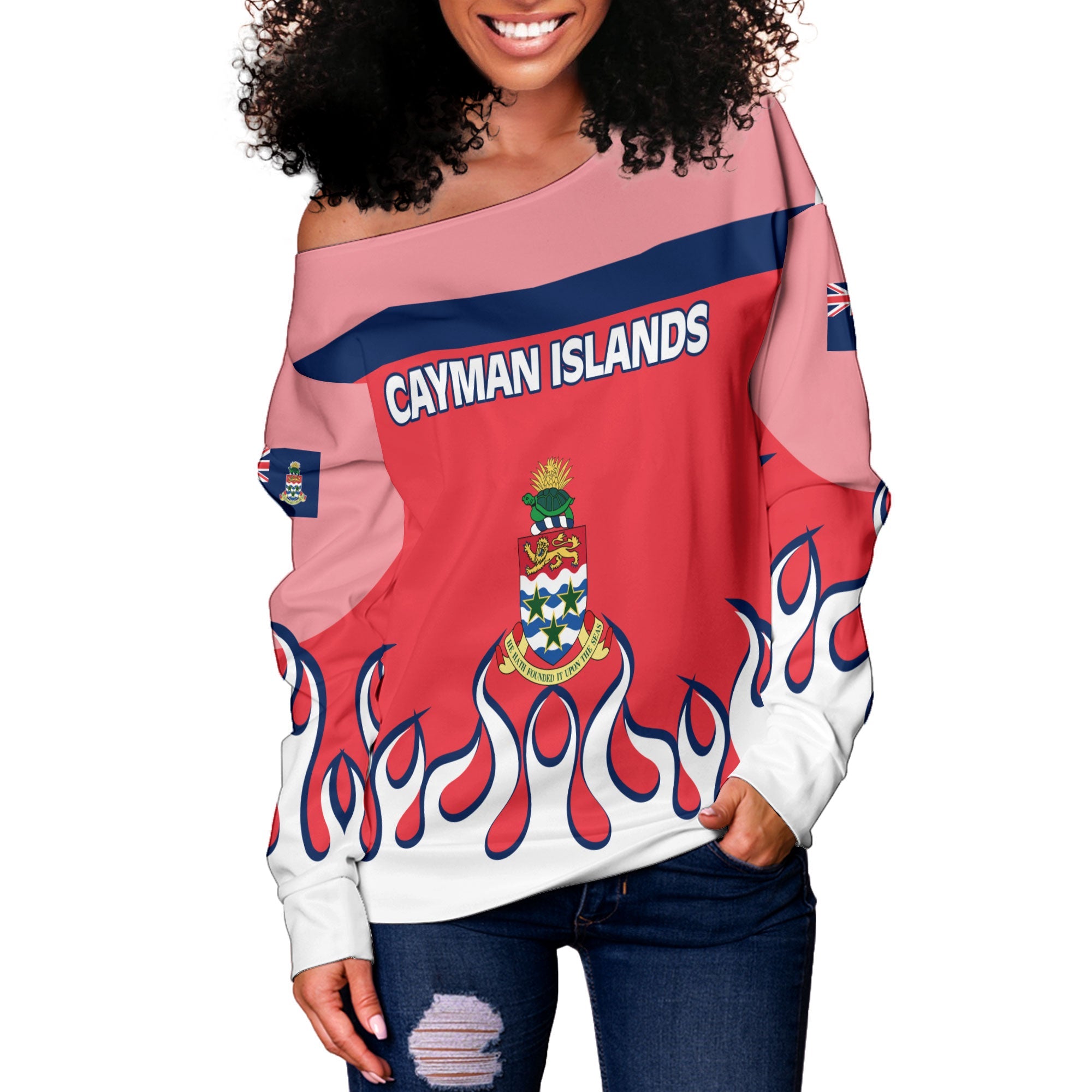 Cayman Islands Women Off Shoulder Sweatshirt Flag & Coat Of Arms Fire Hockey Style