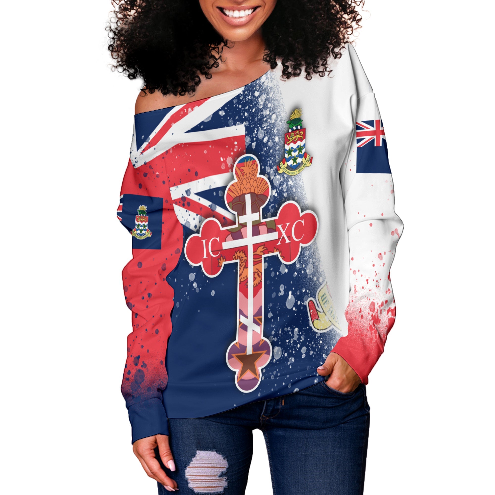 Cayman Islands Women Off Shoulder Sweatshirt Flag & Coat Of Arms Orthodox Style