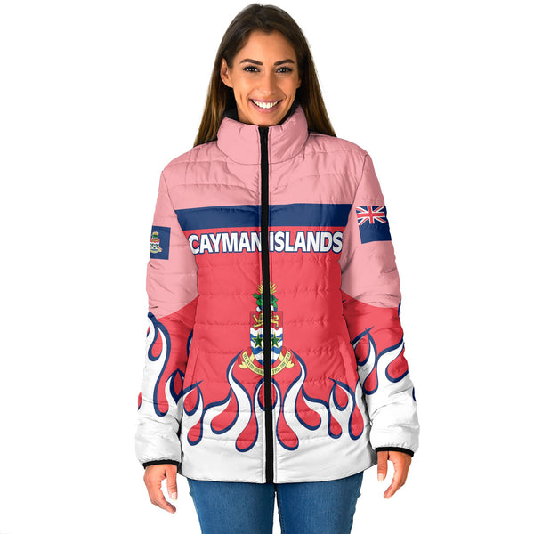 Cayman Islands Women Padded Jacket Flag & Coat Of Arms Fire Hockey Style