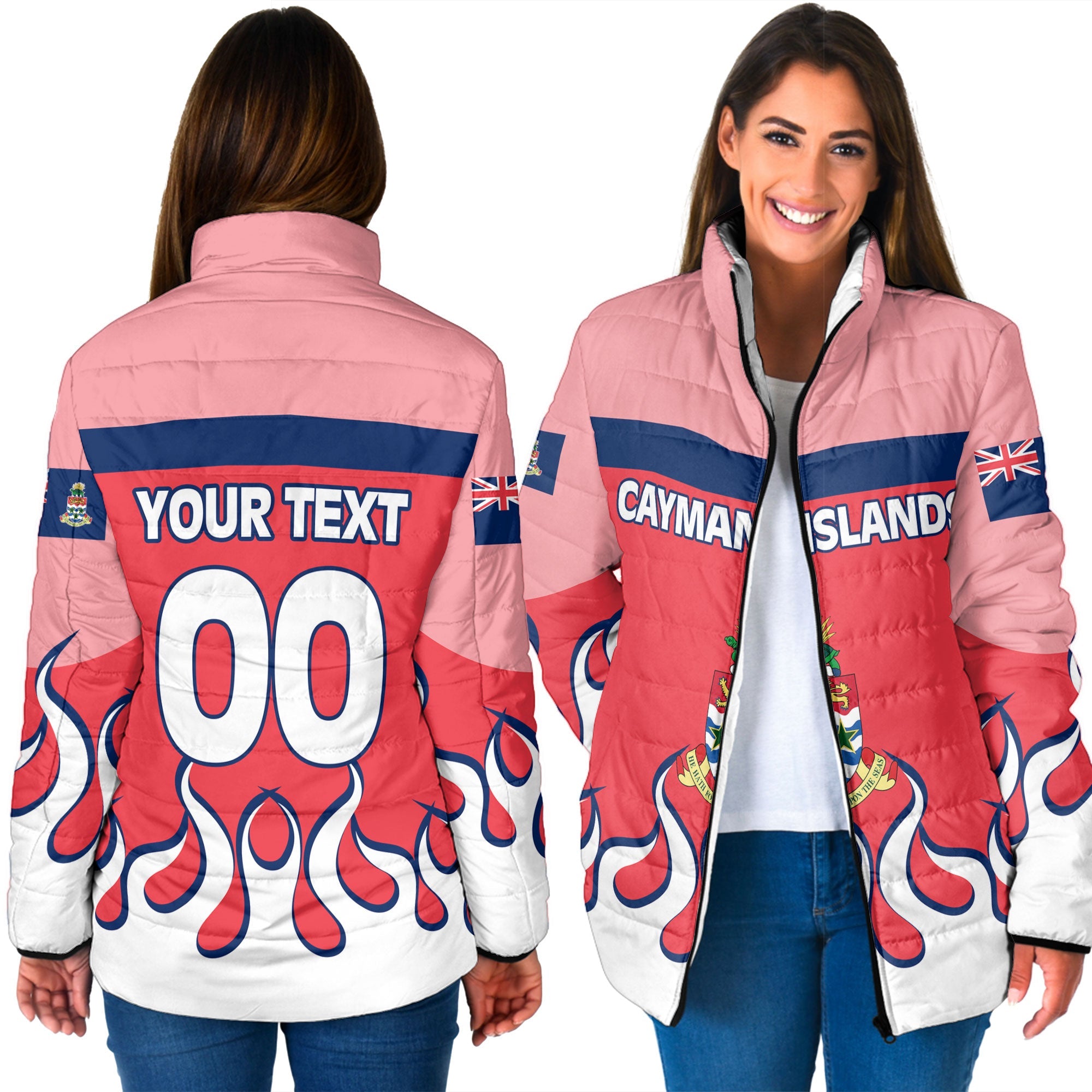 Cayman Islands Women Padded Jacket Flag & Coat Of Arms Fire Hockey Style