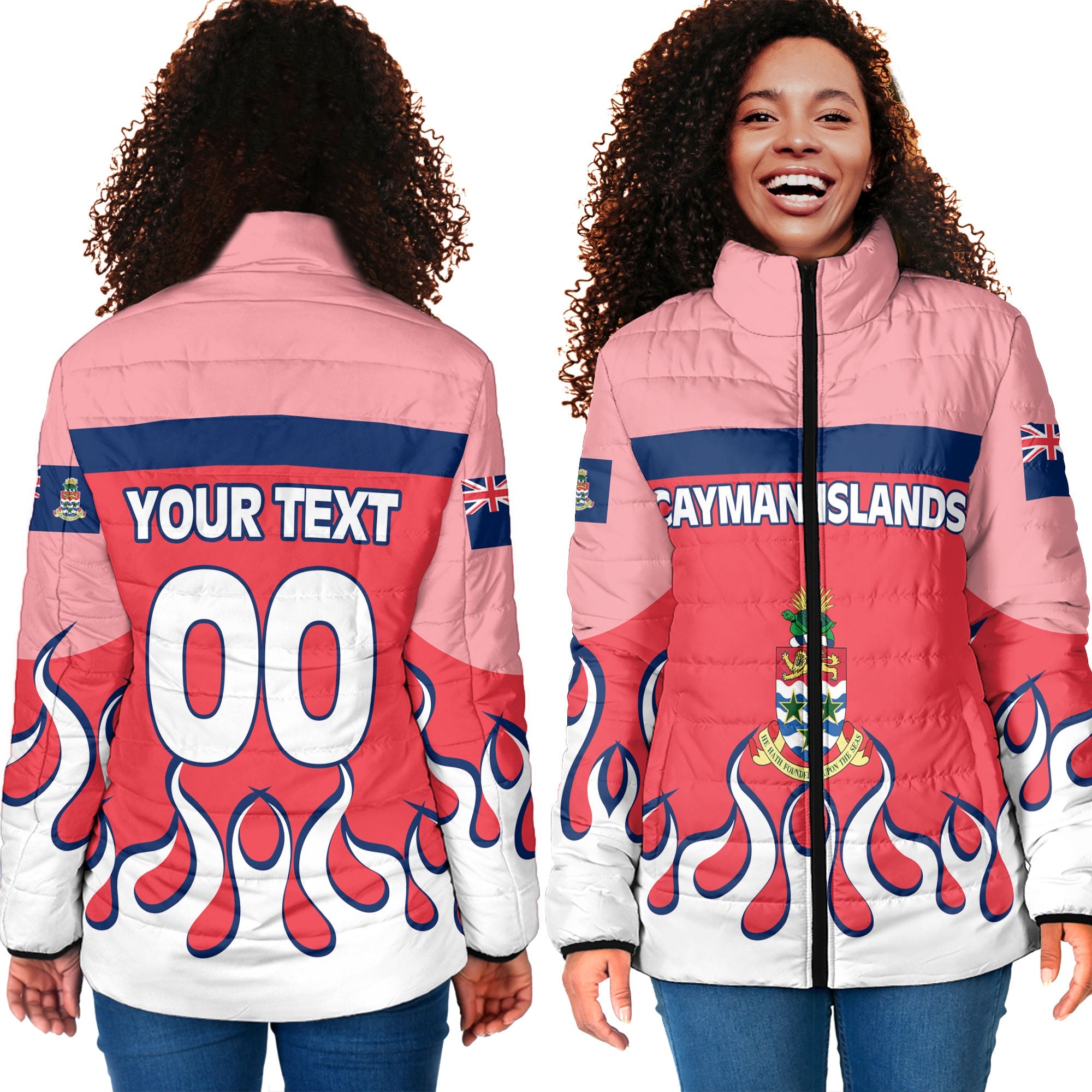 Cayman Islands Women Padded Jacket Flag & Coat Of Arms Fire Hockey Style