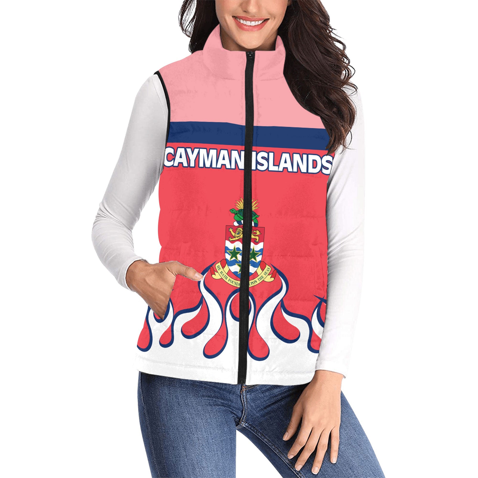 Cayman Islands Women Padded Jacket Vest Flag & Coat Of Arms Fire Hockey Style