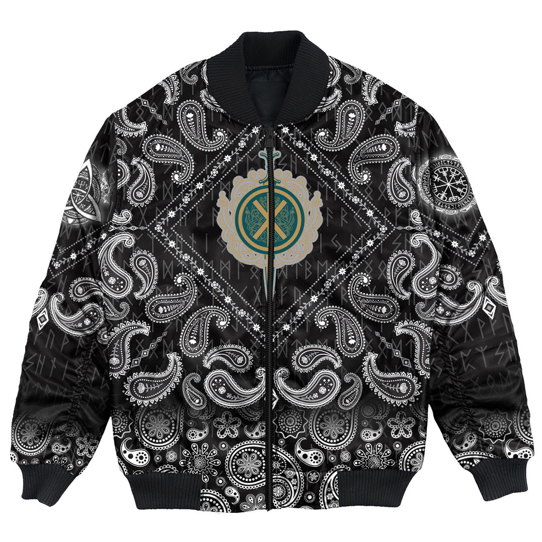 Viking Bomber Jacket Celtic Sword And Celtic Scandinavian Ornaments with Bandana Paisley Style