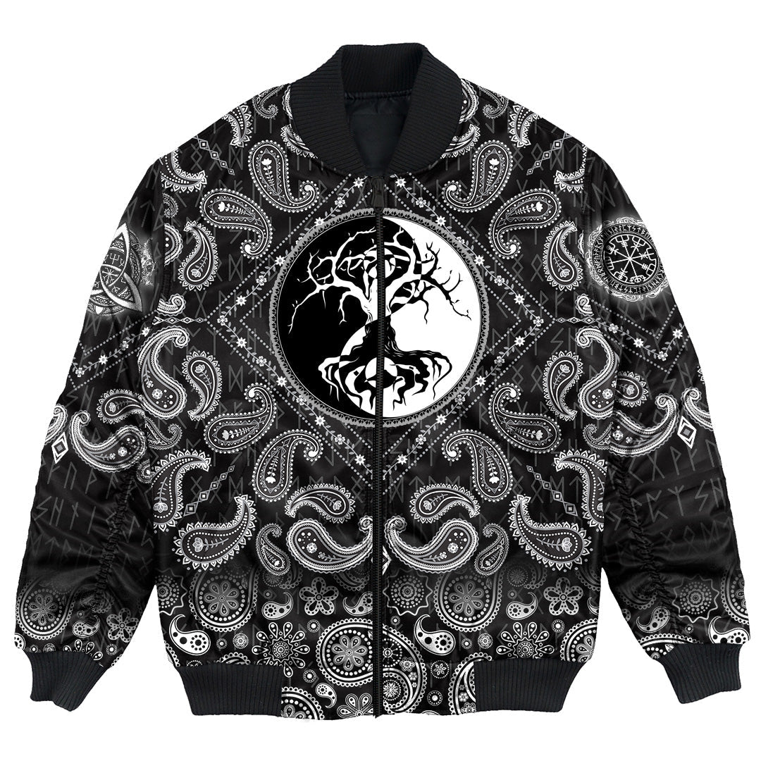 Viking Bomber Jacket Celtic Symbol Of Yin And Yang Druidic Yggdrasil Tree with Bandana Paisley Style