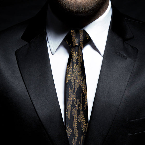 Viking Necktie Celtic Raven Black Pattern