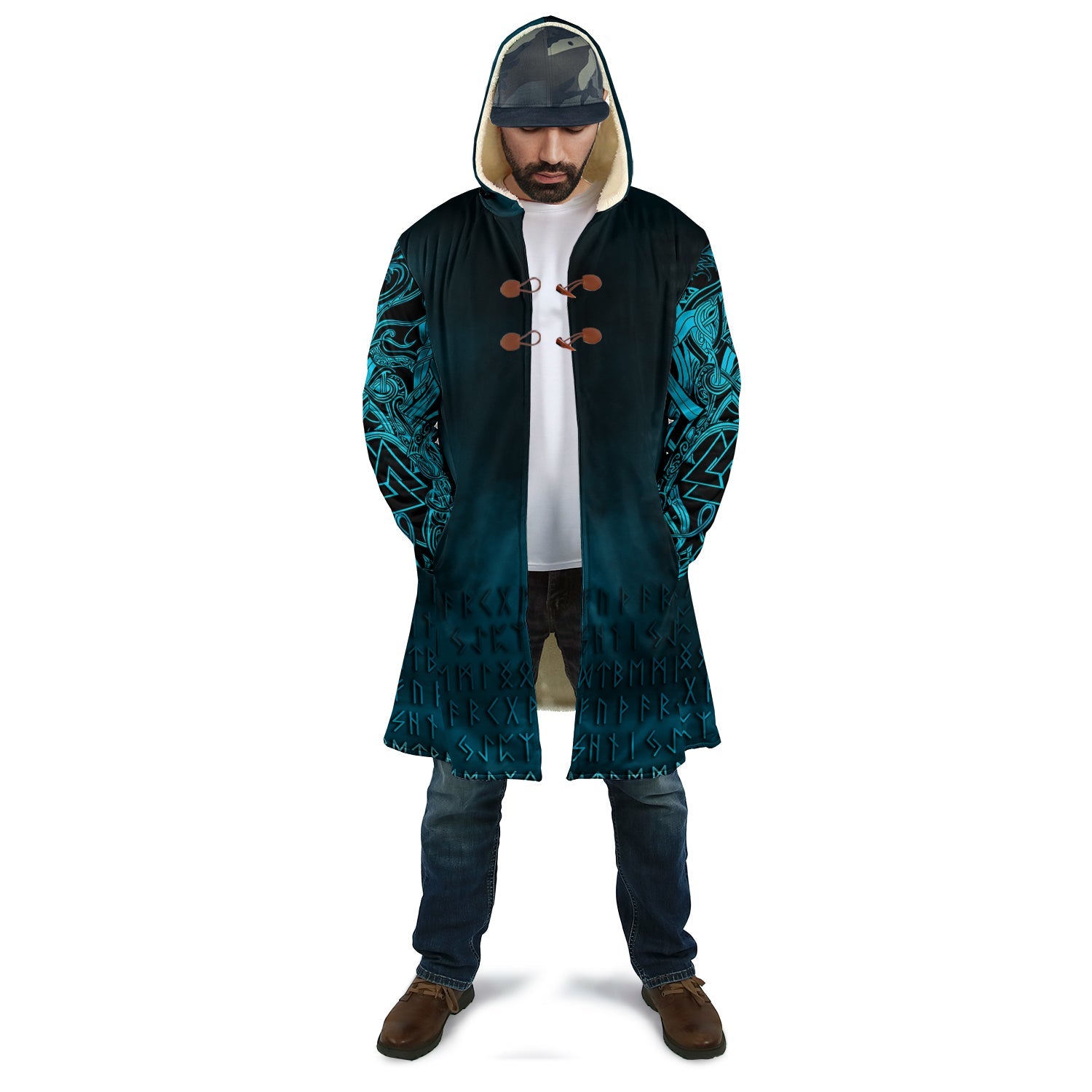 Viking Hooded Coat Othala and Raven Blue