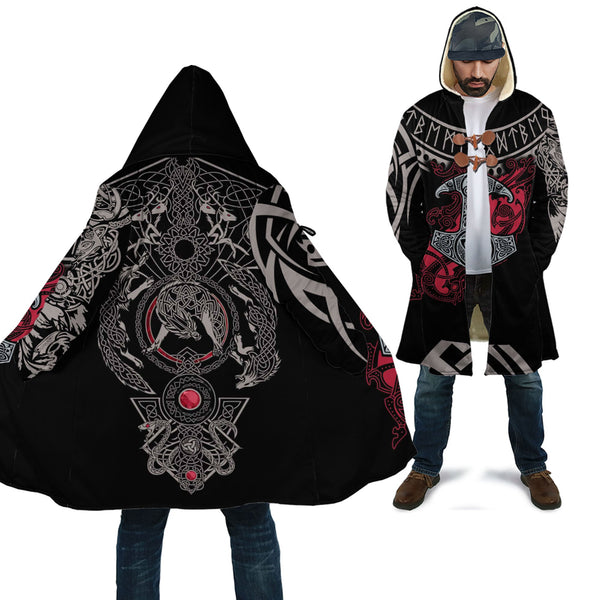 Viking Hooded Coat Mjolnir and Fenrir Tattoo Mix Ruby Red