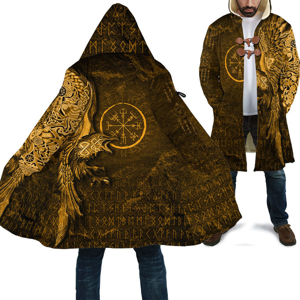 Viking Hooded Coat Vegvisir With Raven Compass Gold Version