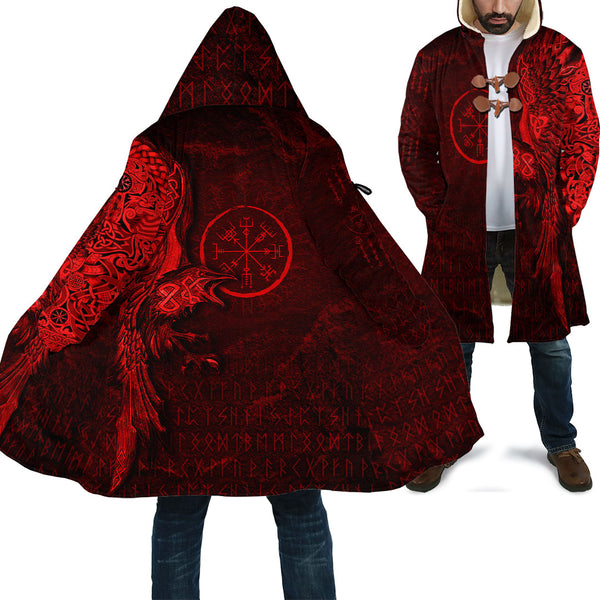 Viking Hooded Coat Vegvisir With Raven Viking Compass Red Version