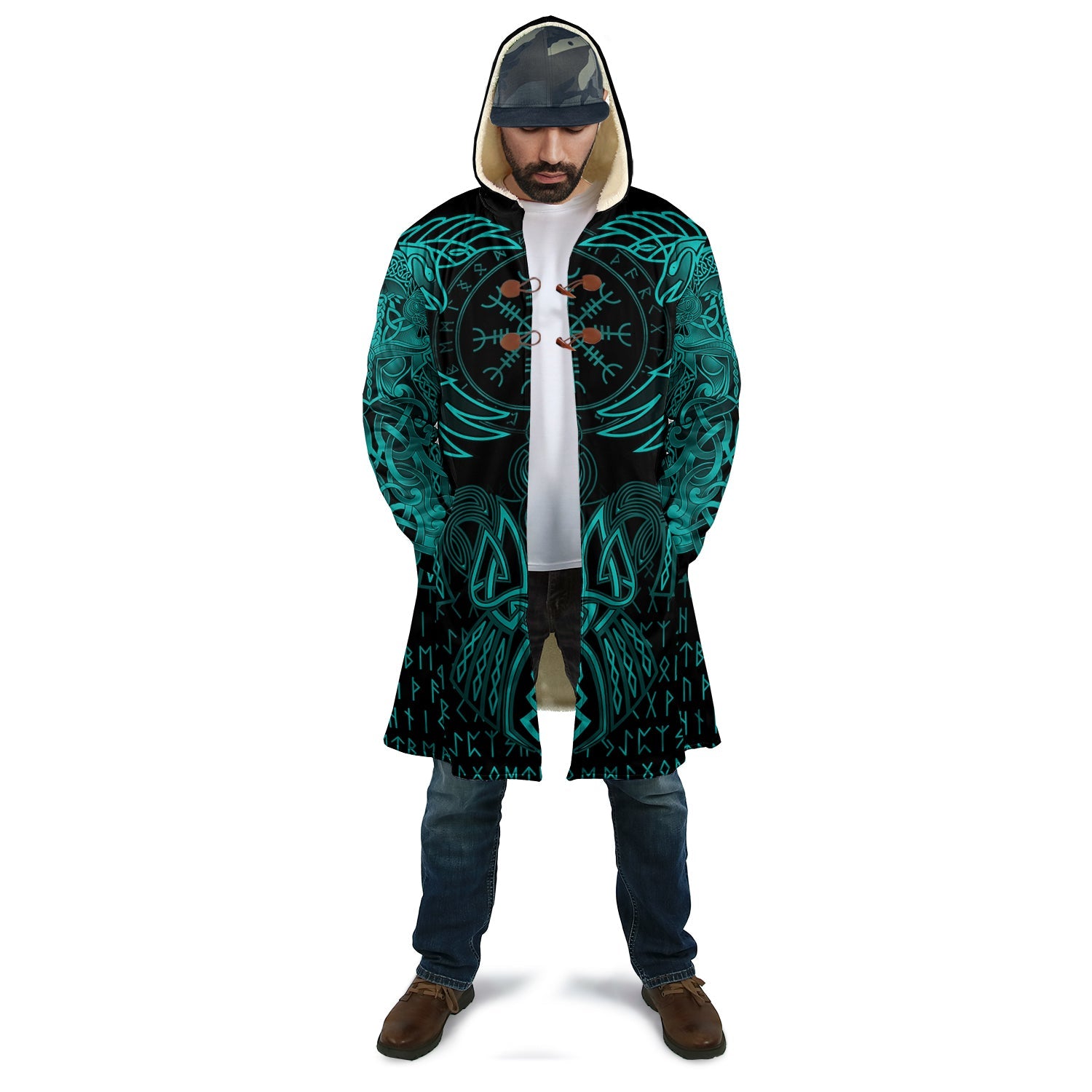 Viking Hooded Coat Raven Of Odin Cyan