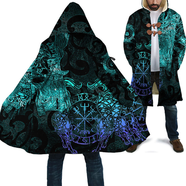 Viking Hooded Coat Odin Tattoo Cyan Version