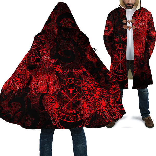 Viking Hooded Coat Odin Tattoo Red Version