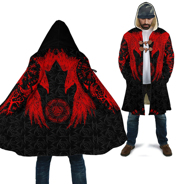 Viking Hooded Coat Red Raven and Horn of Odin