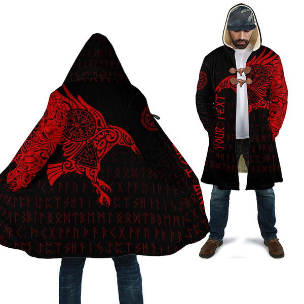 Custom Viking Hooded Coat The Raven Of Odin Tattoo Red Version