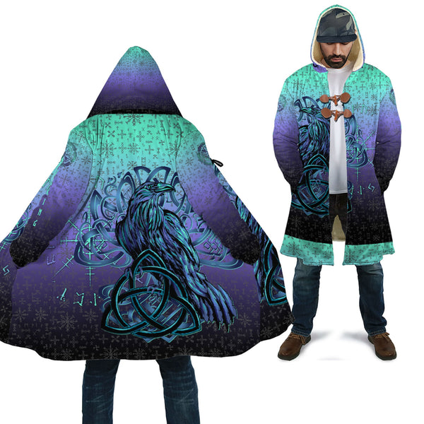 Viking Hooded Coat Raven Horn of Odin Cyan