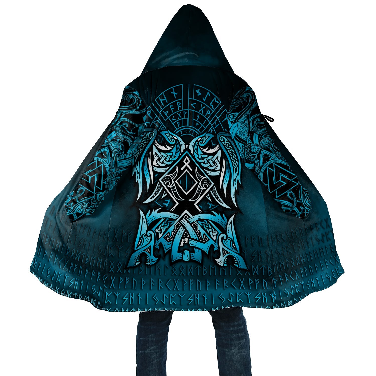 Viking Hooded Coat Othala and Raven Blue