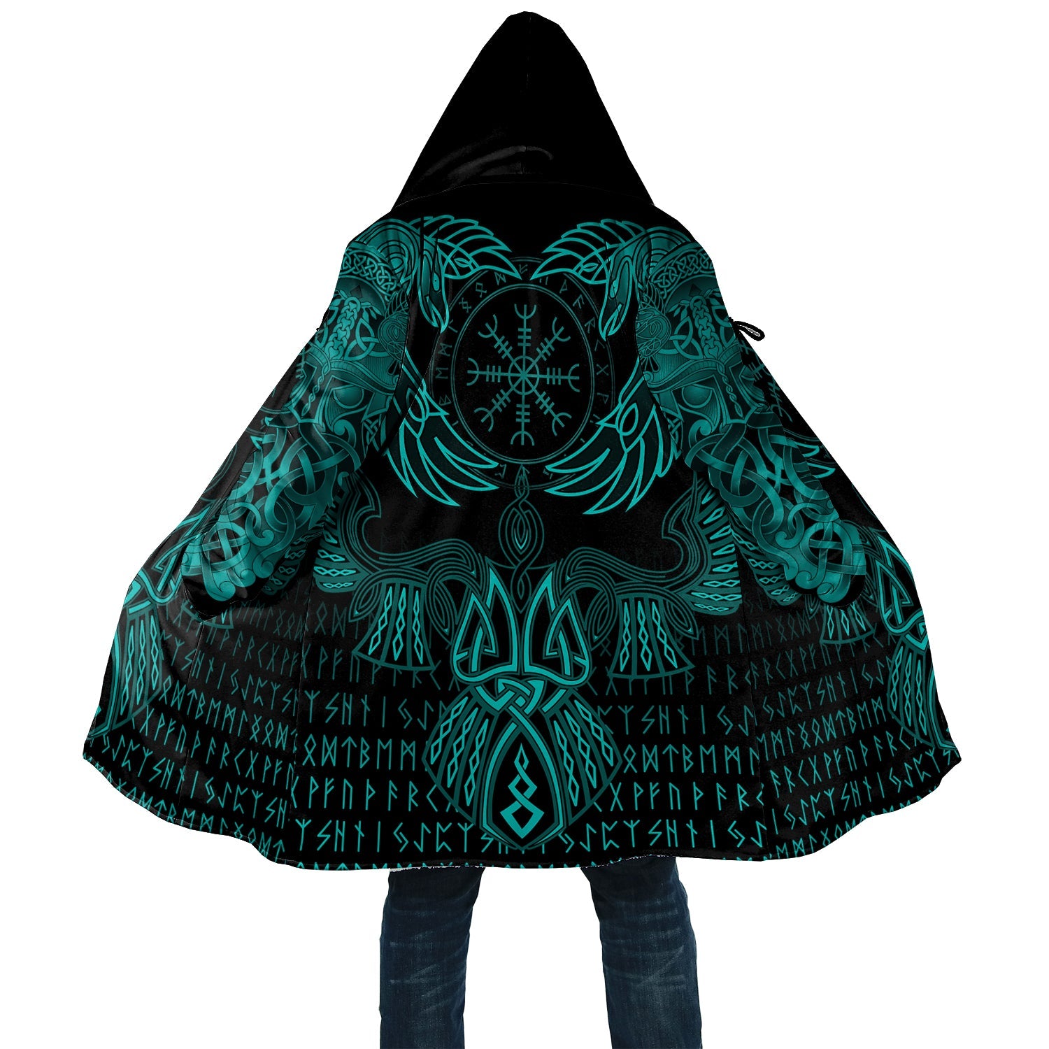 Viking Hooded Coat Raven Of Odin Cyan