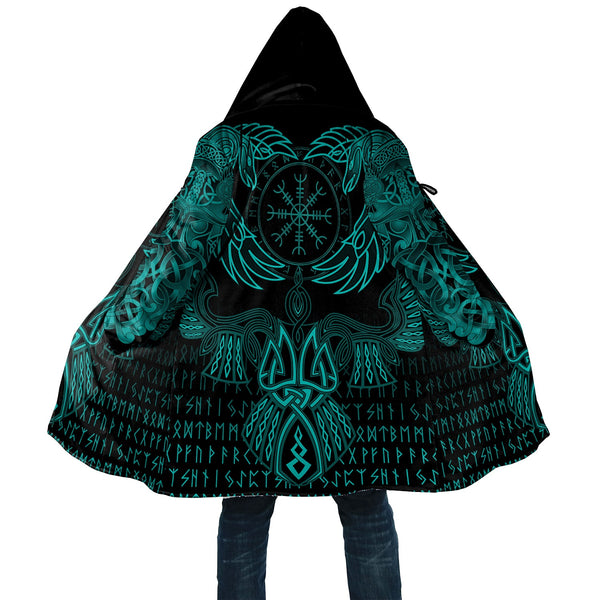 Viking Hooded Coat Raven Of Odin Cyan