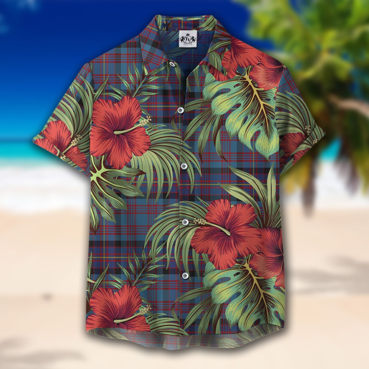 Scottish Tartan Cochrane Azure Clan Hawaiian Shirt Hibiscus - Tropical Garden Style