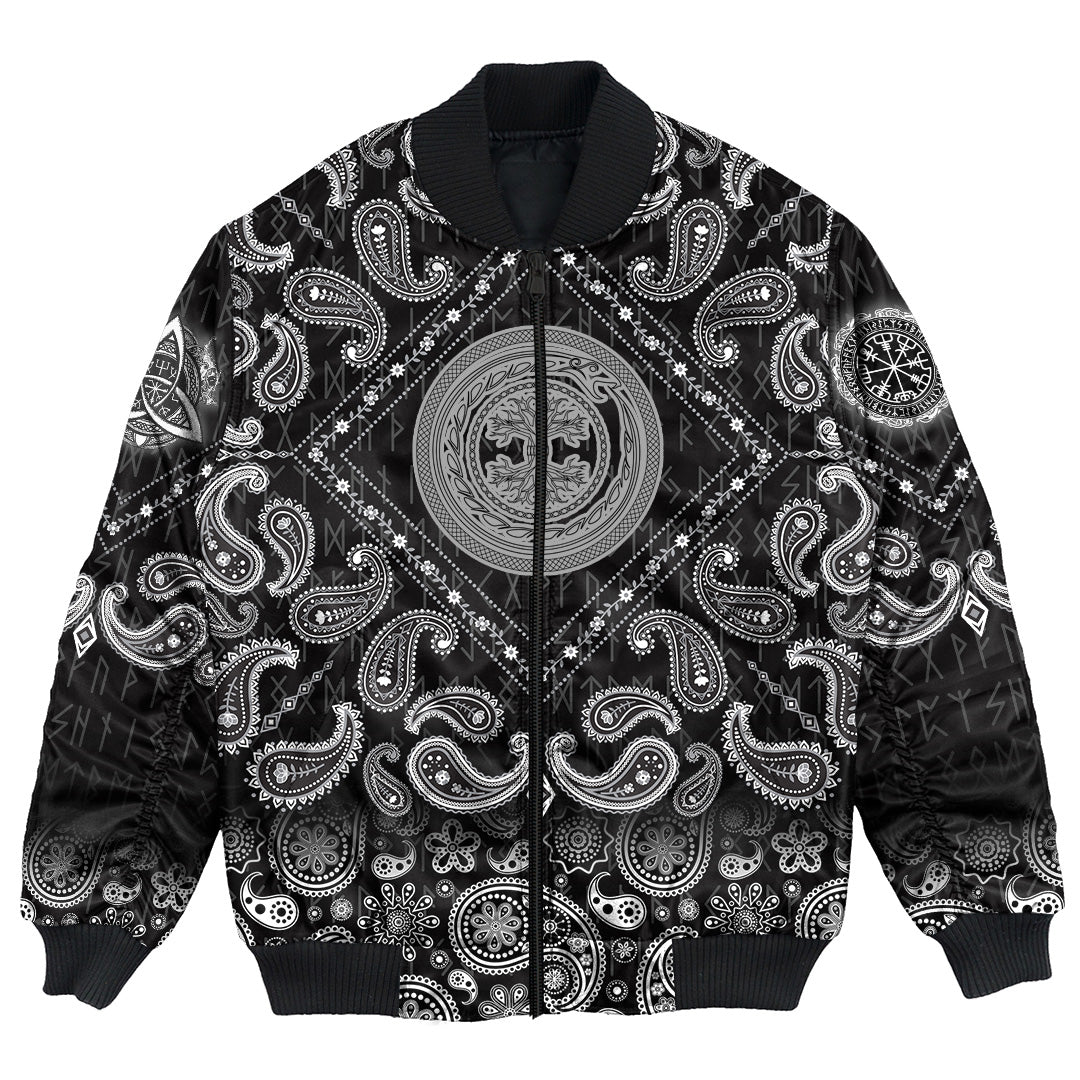 Viking Bomber Jacket Contour Yggdrasil And Ouroboros In Ornamented Circles with Bandana Paisley Style