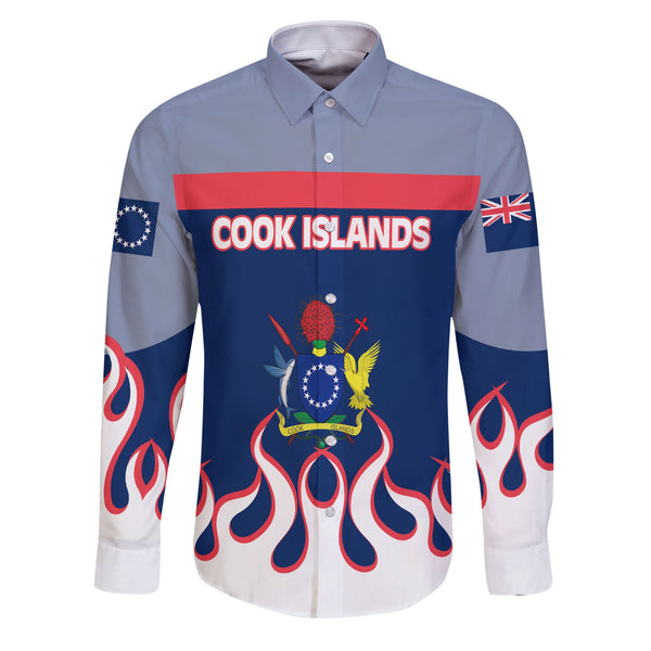 Cook Islands Long Sleeve Button Shirt Flag & Coat Of Arms Fire Hockey Style