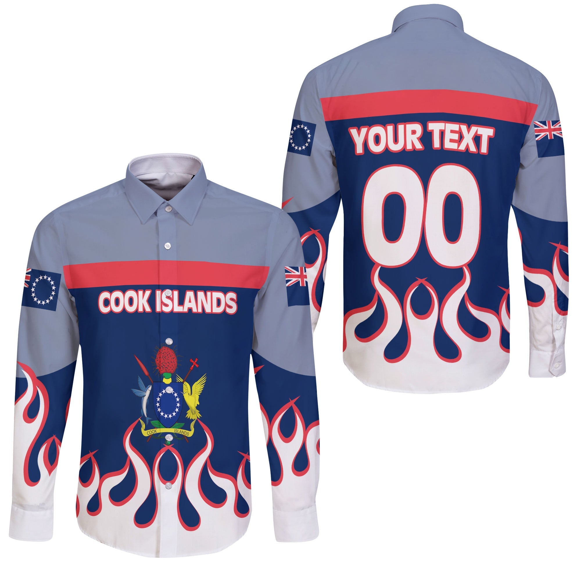 Cook Islands Long Sleeve Button Shirt Flag & Coat Of Arms Fire Hockey Style