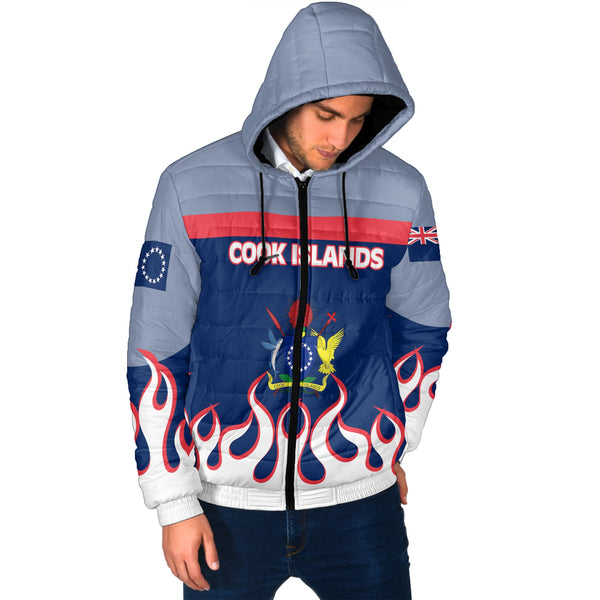 Cook Islands Men Hooded Padded Jacket Flag & Coat Of Arms Fire Hockey Style