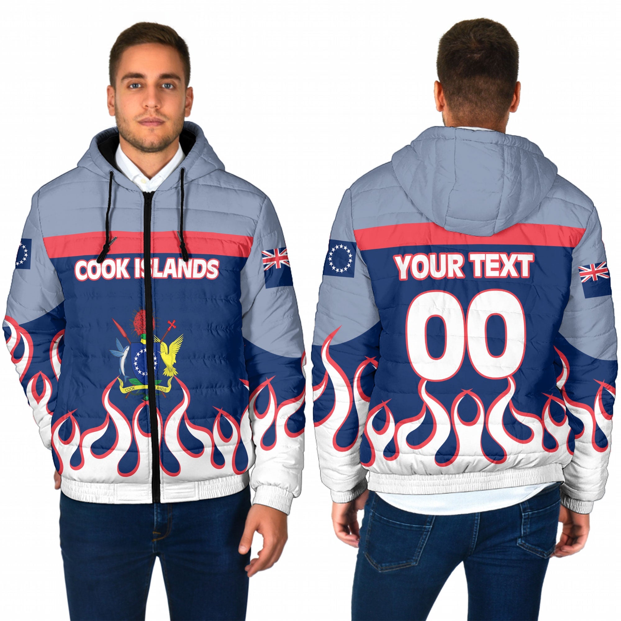 Cook Islands Men Hooded Padded Jacket Flag & Coat Of Arms Fire Hockey Style