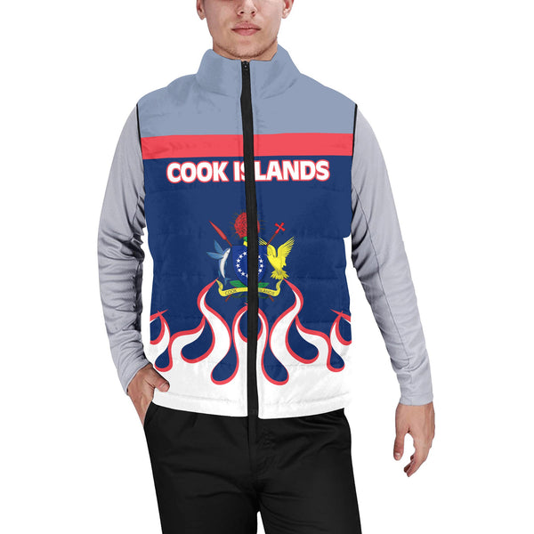 Cook Islands Men Padded Jacket Vest Flag & Coat Of Arms Fire Hockey Style