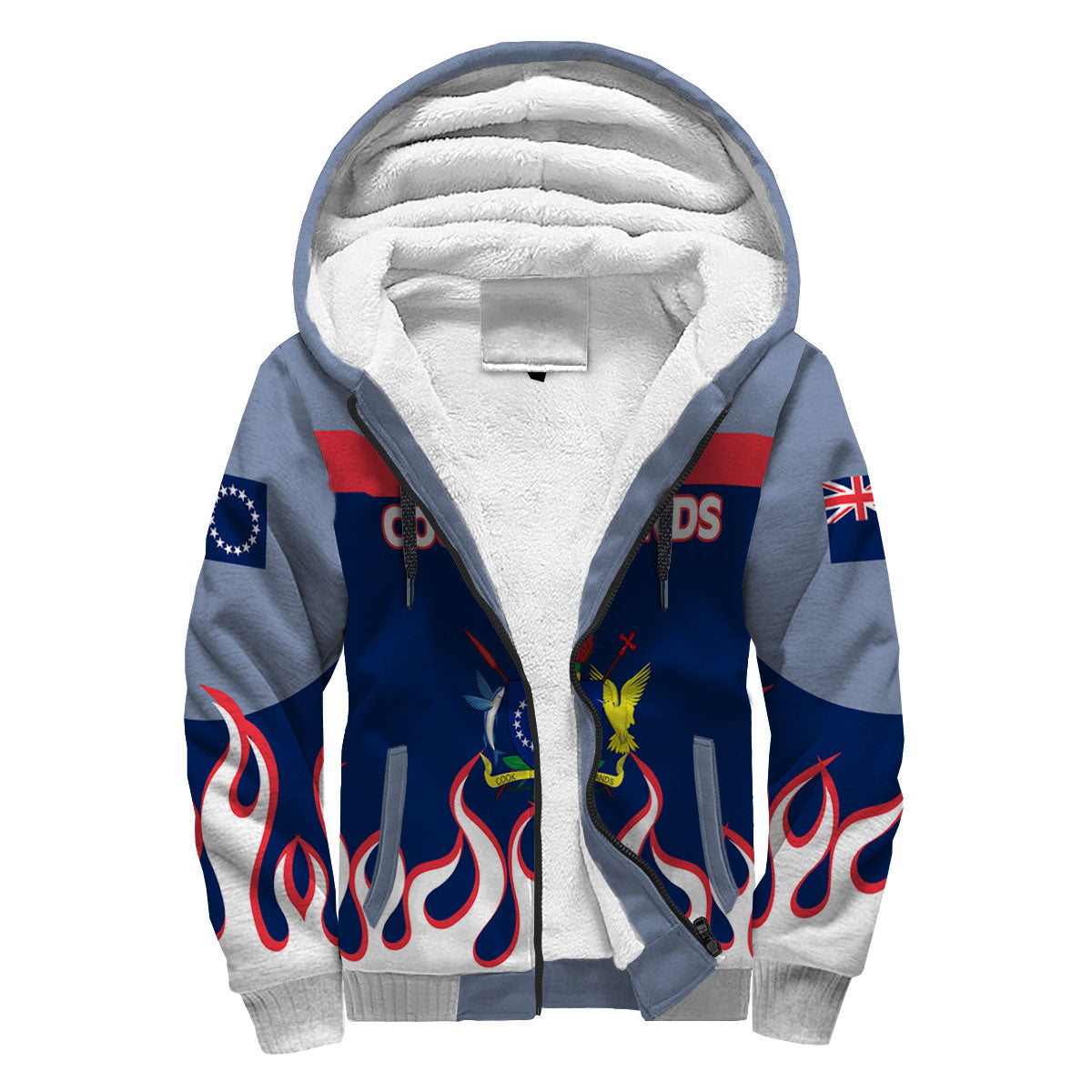 Cook Islands Sherpa Hoodie Flag & Coat Of Arms Fire Hockey Style