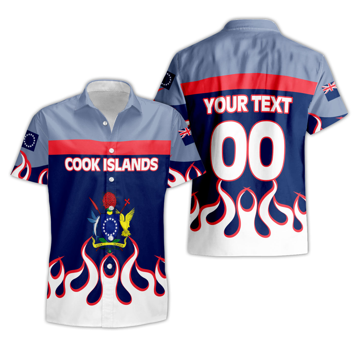 Cook Islands Short Sleeve Shirt Flag & Coat Of Arms Fire Hockey Style