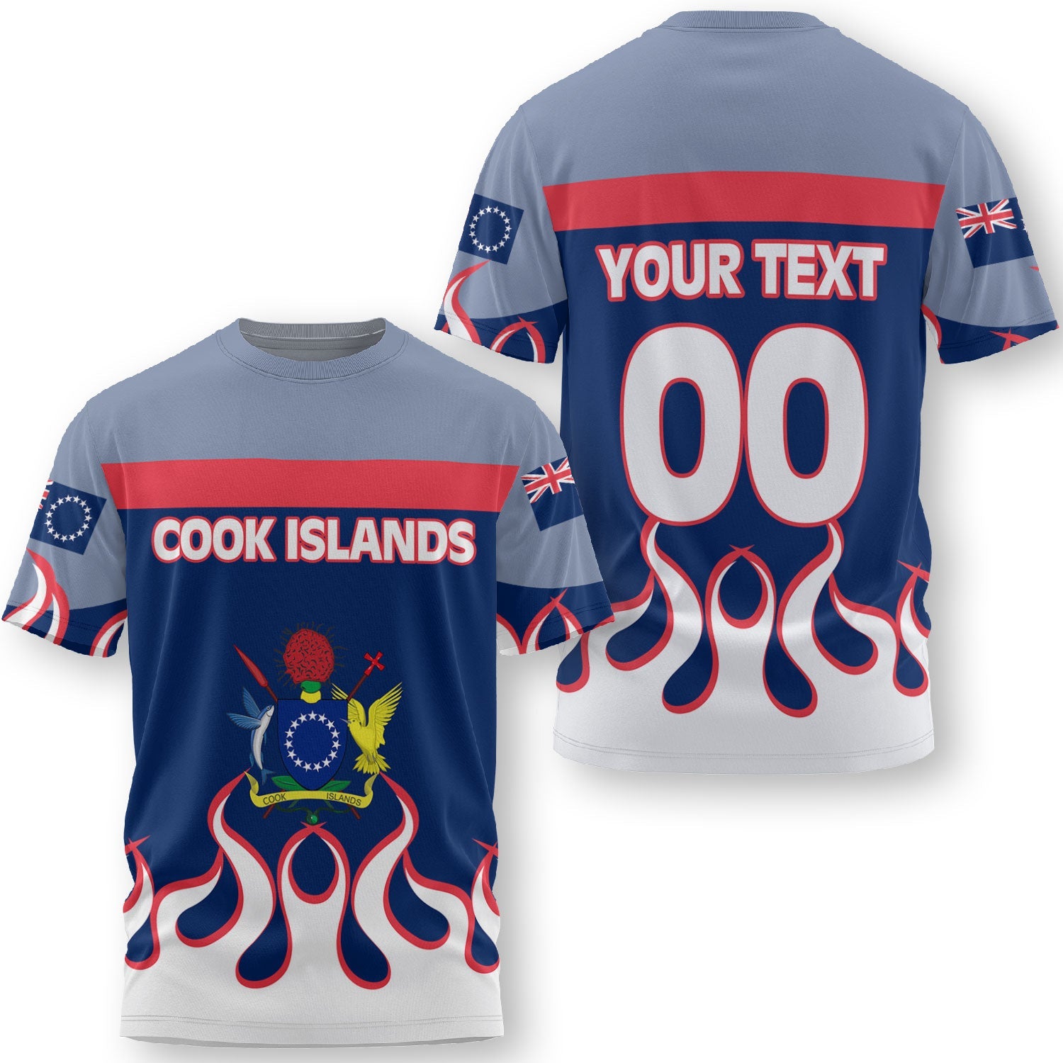 Cook Islands T Shirt Flag & Coat Of Arms Fire Hockey Style