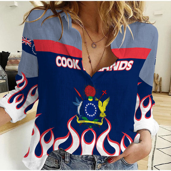 Cook Islands Women Casual Shirt Flag & Coat Of Arms Fire Hockey Style