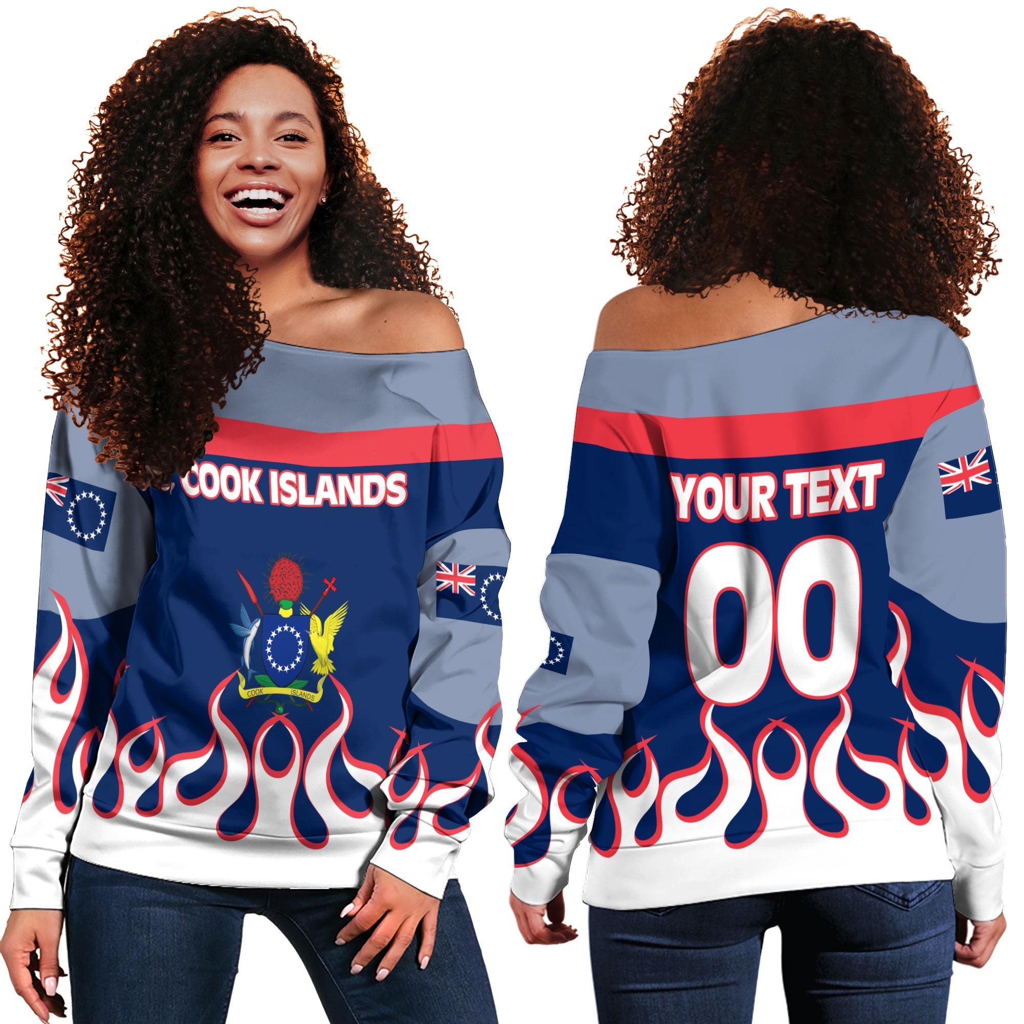 Cook Islands Women Off Shoulder Sweatshirt Flag & Coat Of Arms Fire Hockey Style