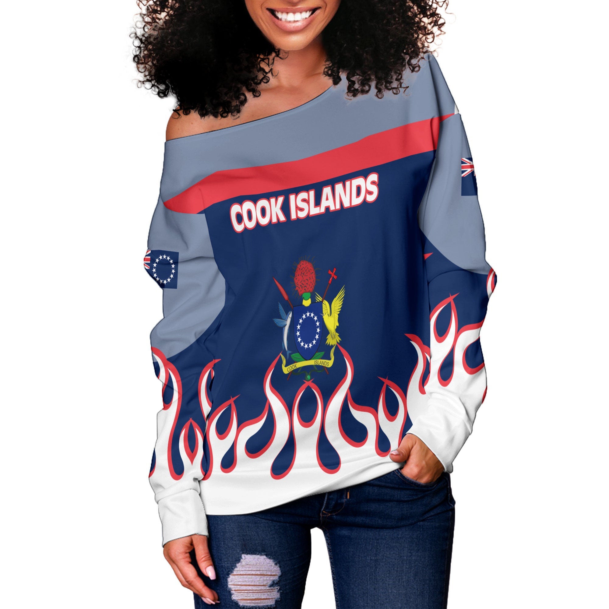 Cook Islands Women Off Shoulder Sweatshirt Flag & Coat Of Arms Fire Hockey Style