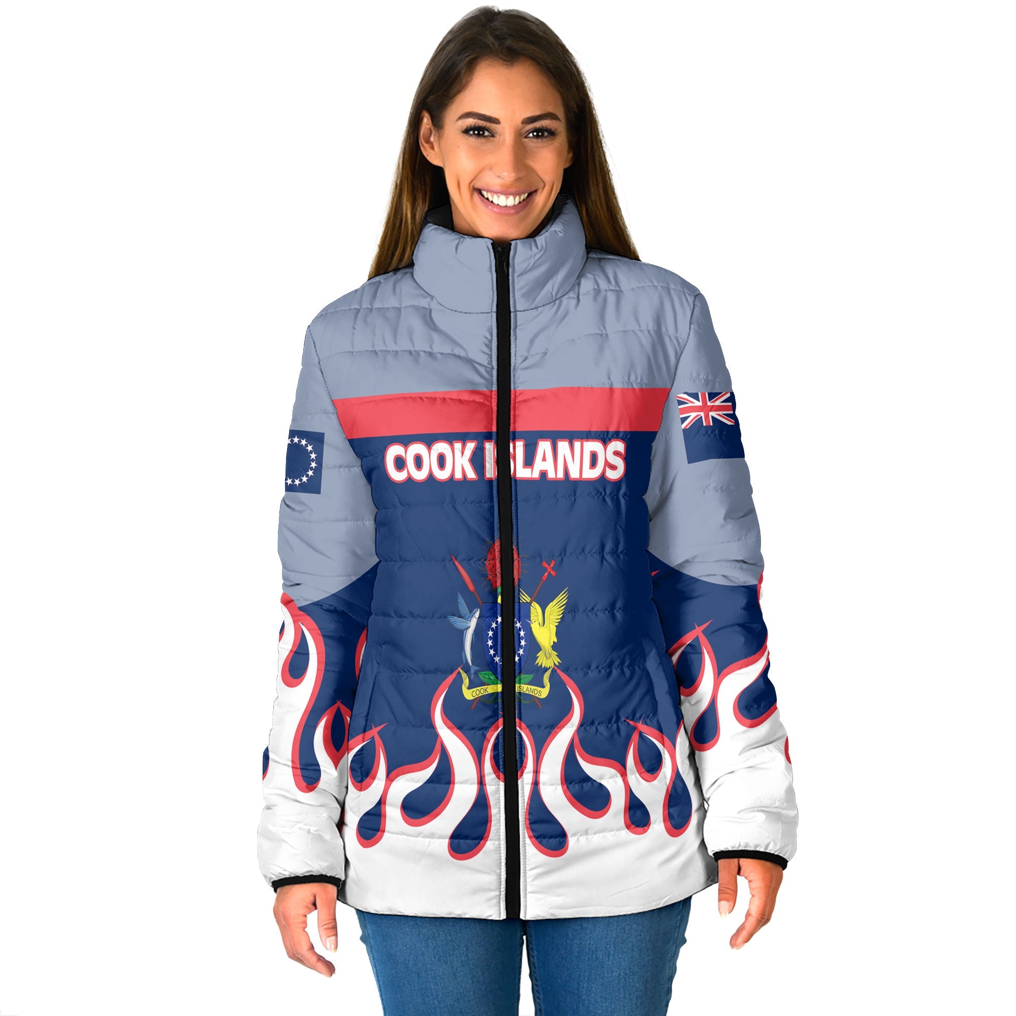 Cook Islands Women Padded Jacket Flag & Coat Of Arms Fire Hockey Style