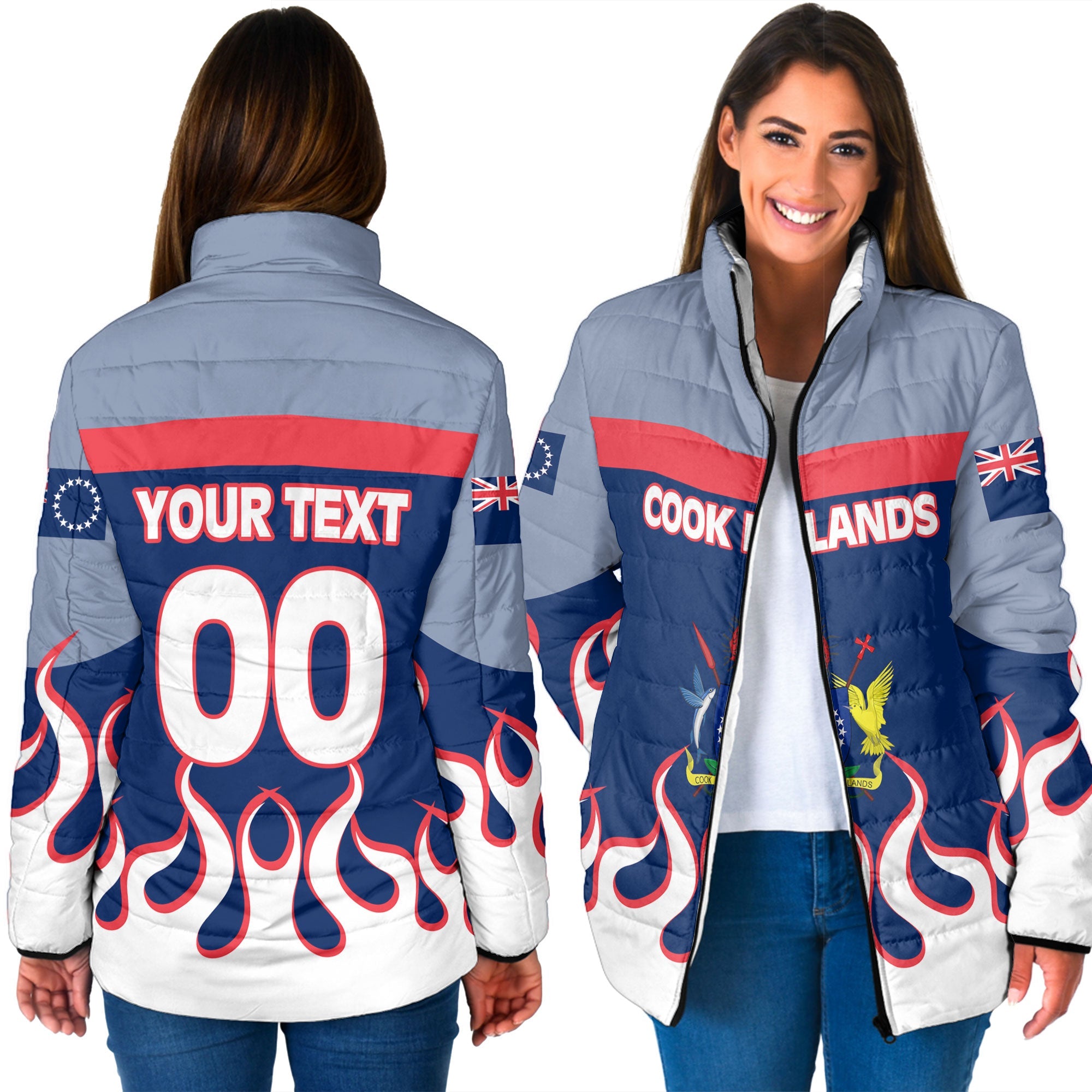 Cook Islands Women Padded Jacket Flag & Coat Of Arms Fire Hockey Style