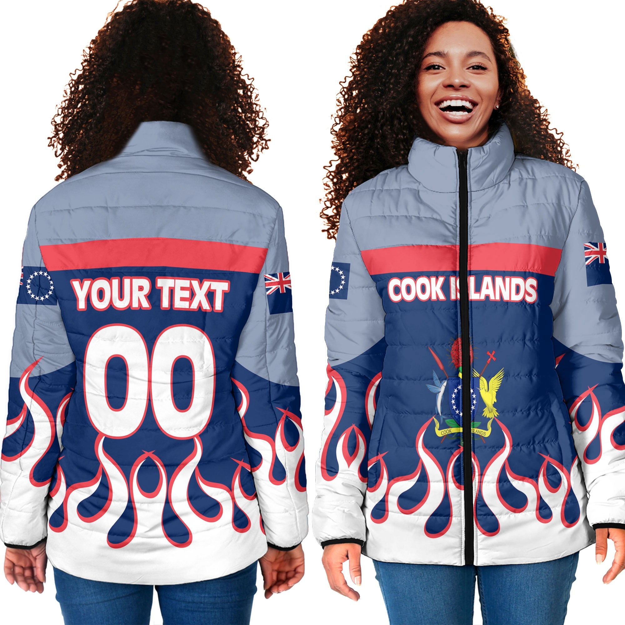 Cook Islands Women Padded Jacket Flag & Coat Of Arms Fire Hockey Style