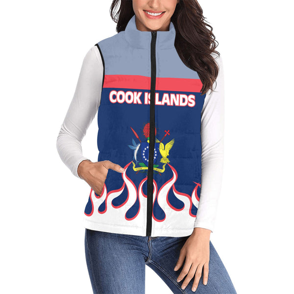 Cook Islands Women Padded Jacket Vest Flag & Coat Of Arms Fire Hockey Style